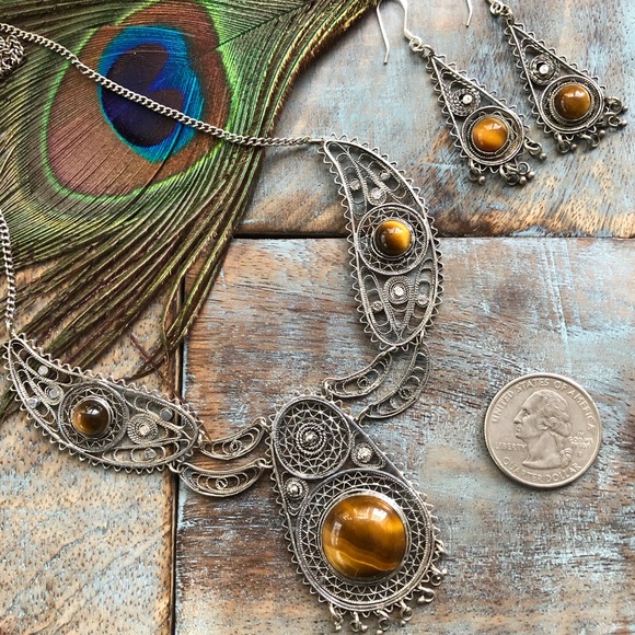 Vintage sterling tigers eye necklace set - Picture 2 of 8